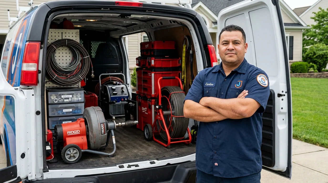 Professional drain cleaning equipment and Johns Plumbing LLC plumber in Paris