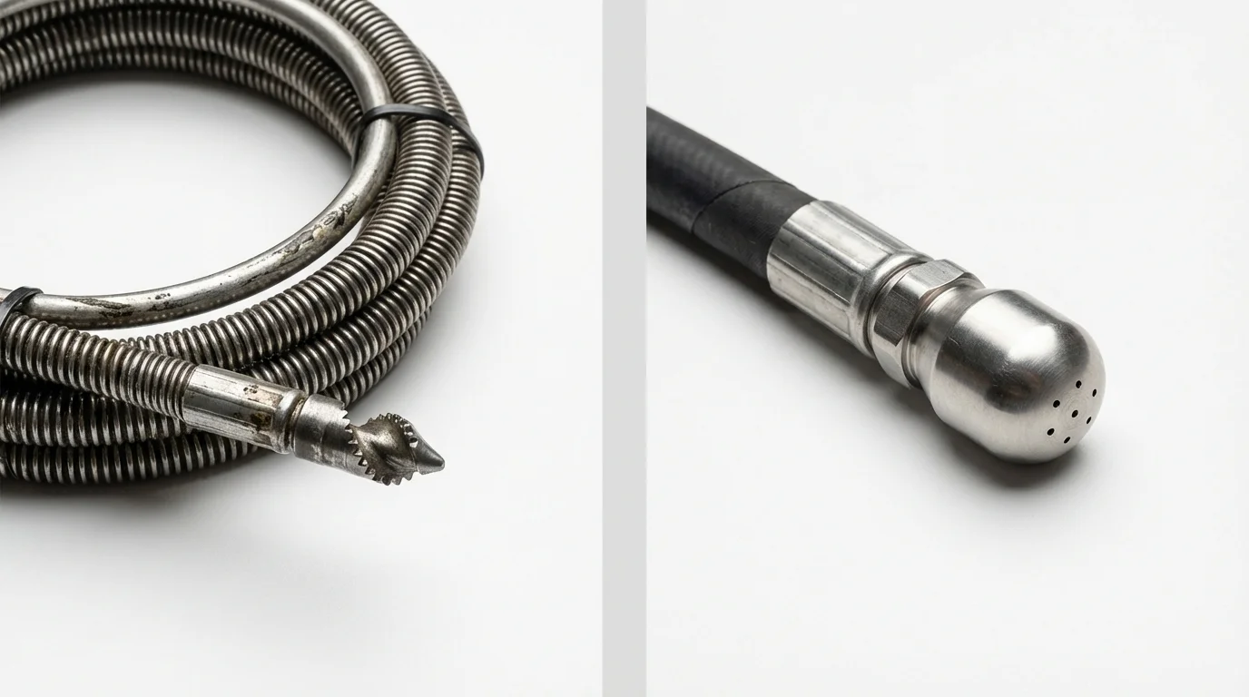 Drain snake cable and hydro jetting nozzle used for drain cleaning in Paris, IL