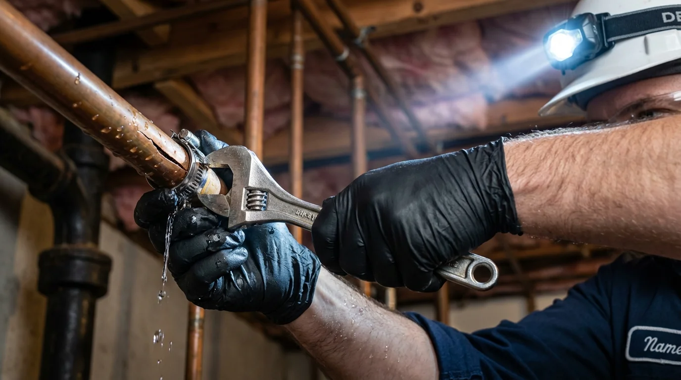 Emergency pipe clamp repair being performed by a Johns Plumbing LLC plumber in Paris