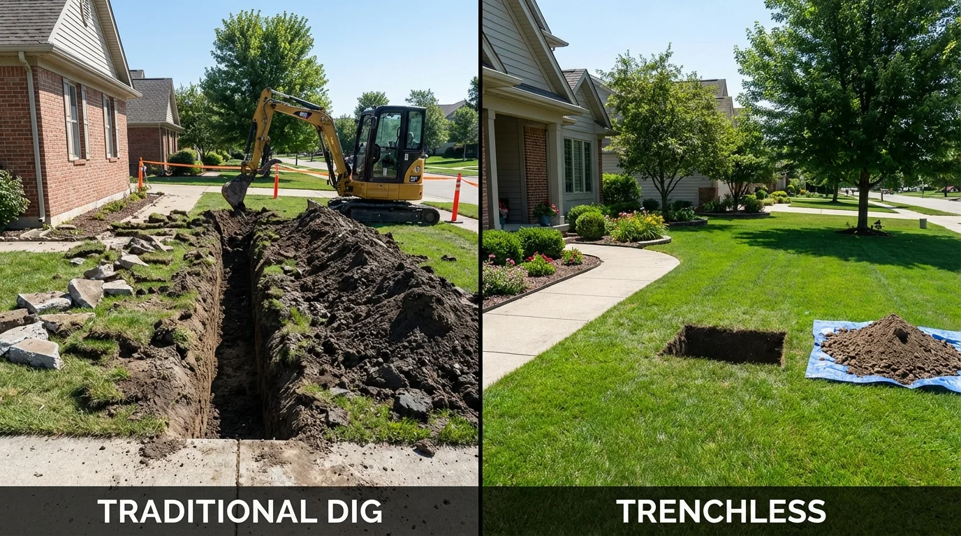 Trenchless sewer repair with minimal yard damage versus traditional excavation in Paris, IL