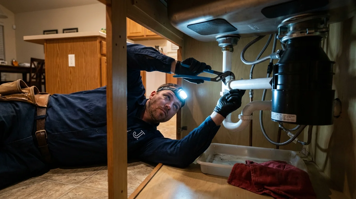 P-trap and supply line connections under a kitchen sink showing a common leak point in Paris, IL